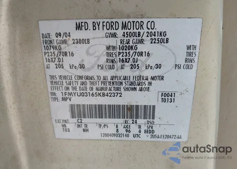 2005 Ford Escape Xlt from USA, damaged, VIN 1FMYU03165KB42372